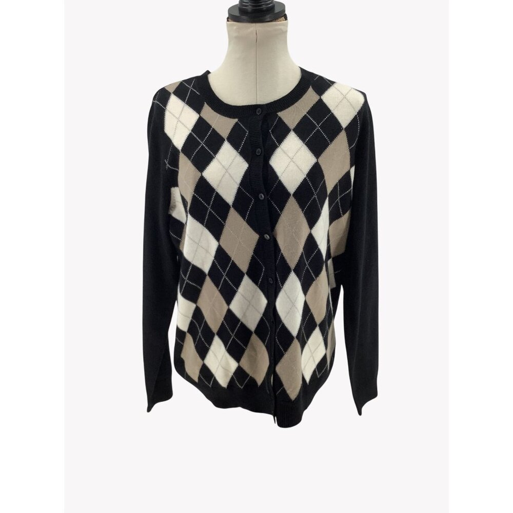 Croft & Barrow Womens XL Argyle Button-Front Cardigan Sweater Black Beige White